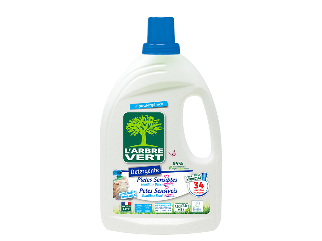 DETERGENTE ROUPA MÁQUINA LIQUIDO L'ARBRE VERT PELES SENSÍVEIS 34D