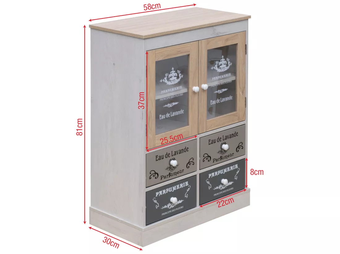 Armoire Vitrine Shabby 4 Tiroirs et 2 portes en Bois Blanc Beige Gris