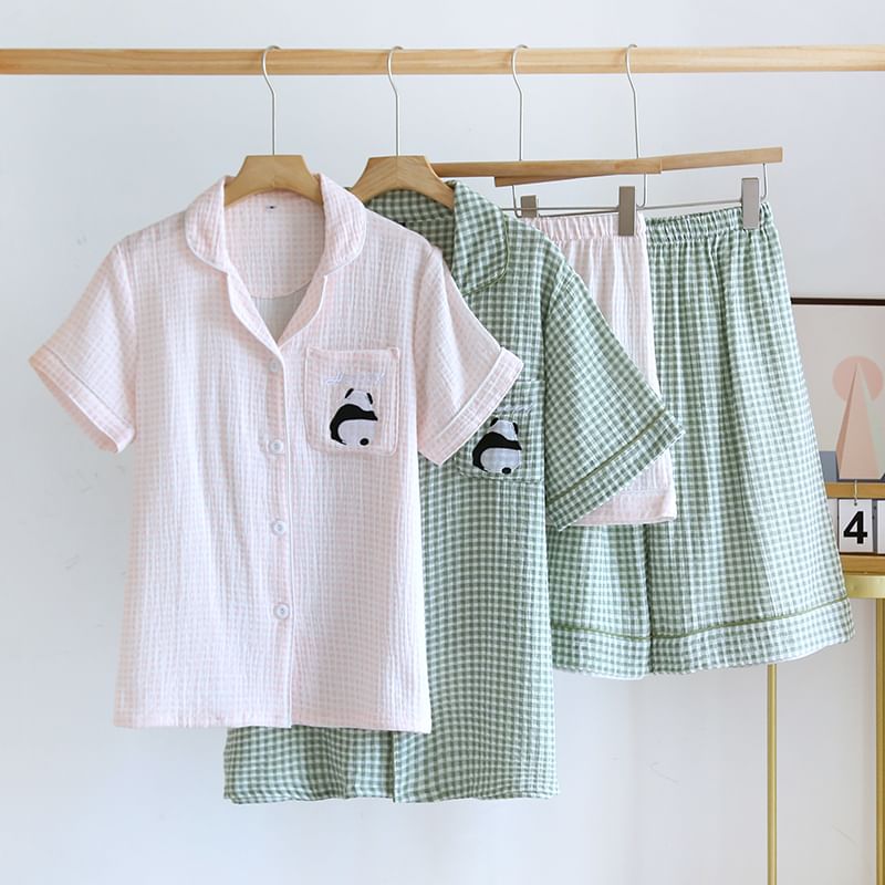 MelMount - Bijpassende pyjamaset voor koppels: geruite top met korte mouwen + shorts (verschillende ontwerpen)