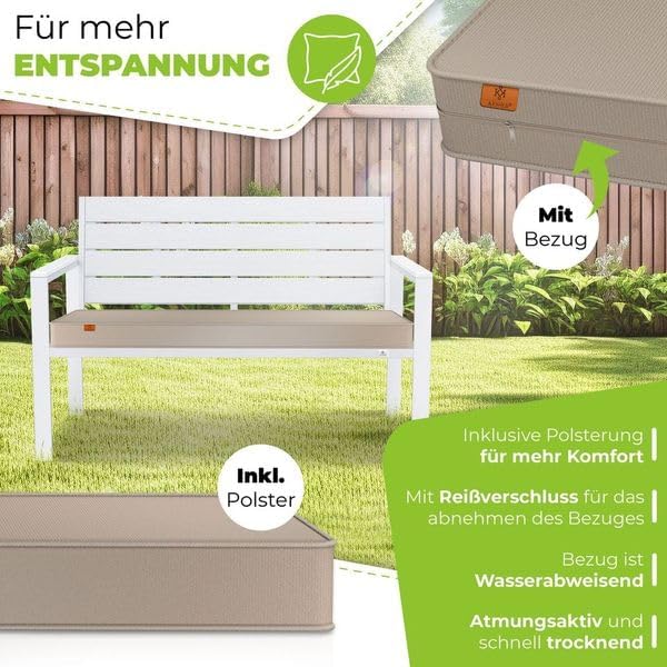KESSER® Gartenbank mit Kissen – Sitzbank Wetterfest 2-Sitzer Parkbank in Holzoptik Balkonbank für Garten Terrasse Balkon bis 300 kg belastbar UV-beständig inkl. abnehmbarem & waschbarem Polsterbezug
