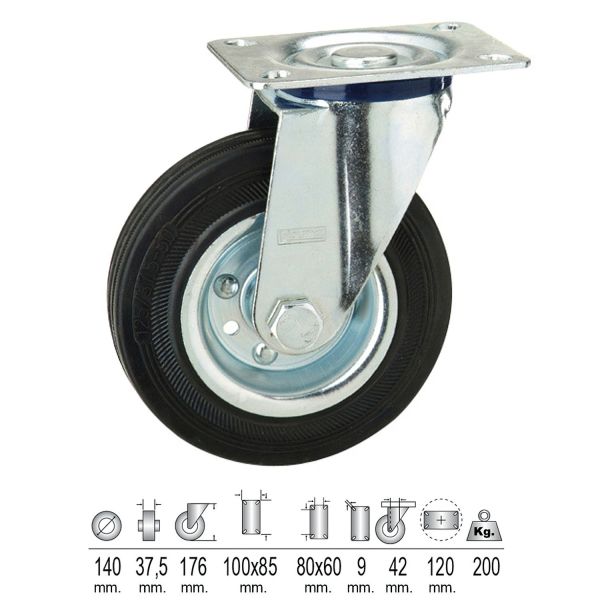 WOLFPACK Rueda Industrial Goma Negra Placa 140 mm. Af 11110025