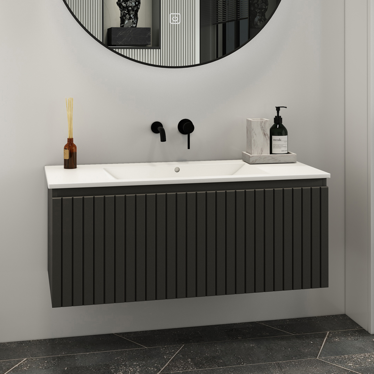 Fontana Lento zwart badmeubel ribbelfront 100cm met witte wastafel zonder kraangat en ronde spiegel