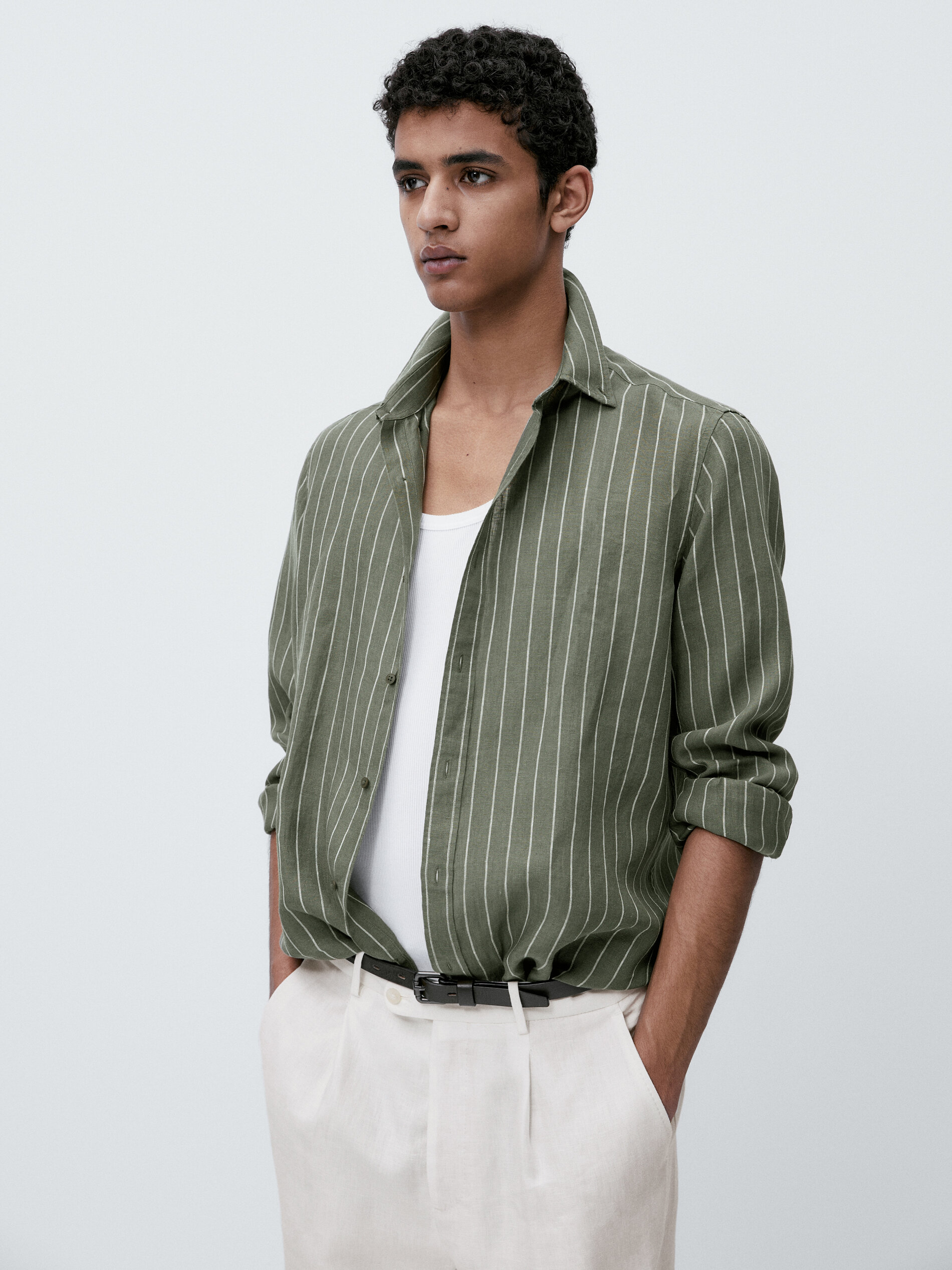 Camisa raias 100% lino slim fit - VERDE