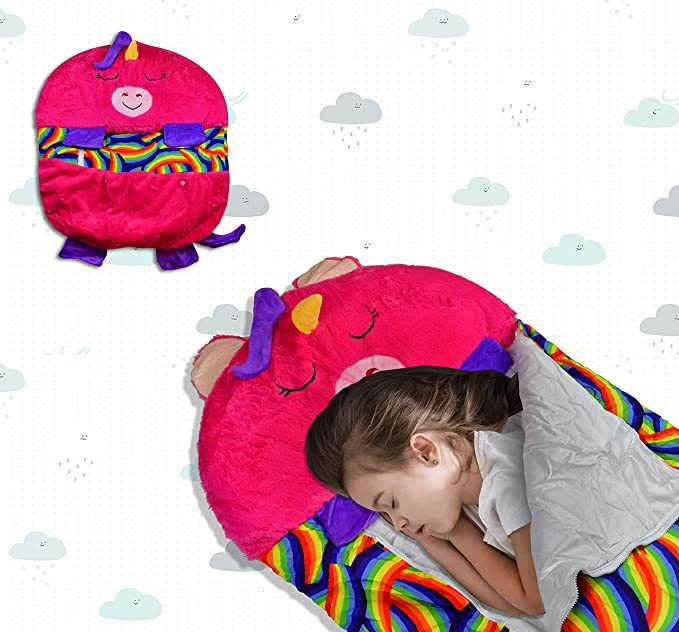 (170x70cm) 2in1 Kinder Camping Schlafsack Kuscheltier Decke mit Plüschtier Kissen - Pinkes Einhorn