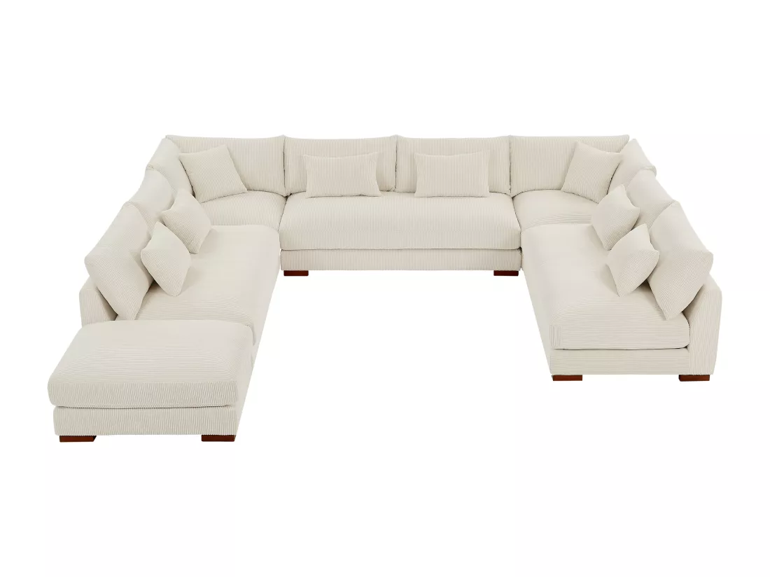 Grand canapé d'angle panoramique et pouf en velours côtelé beige SPERONE de Pascal Morabito