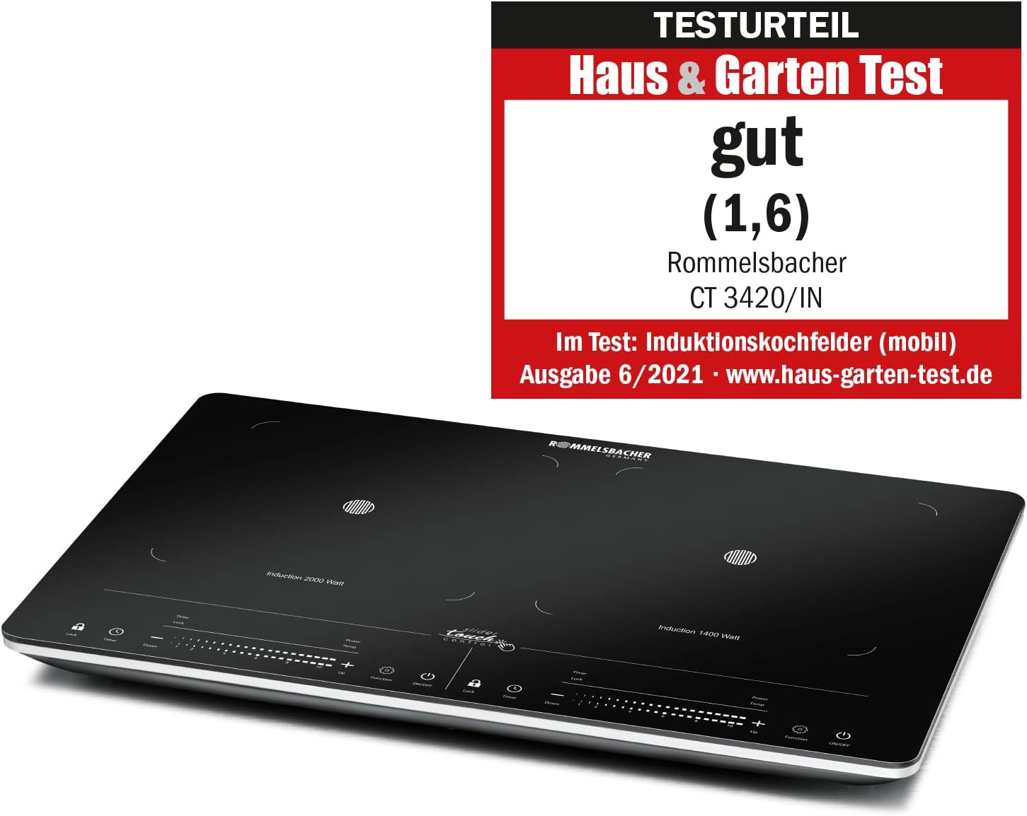 ROMMELSBACHER Doppelkochplatte CT 3420/IN Induktion - Glaskeramik, Touch Control, Topferkennung, 10 Leistungsstufen, 10 Temperaturstufen von 60-220 °C, Timer, Abschaltfunktion, 3400 Watt