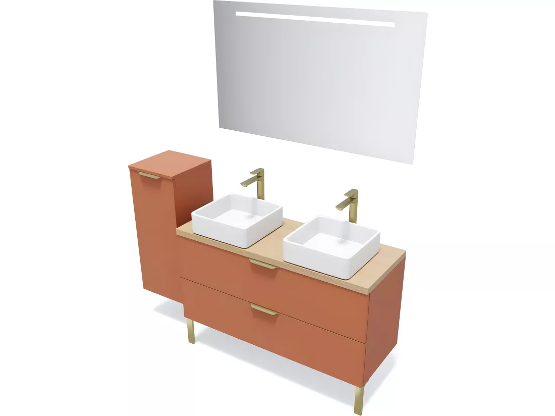 Meuble de salle de bain suspendu 2 vasques à poser 120cm 2 tiroirs Terracotta - Venice