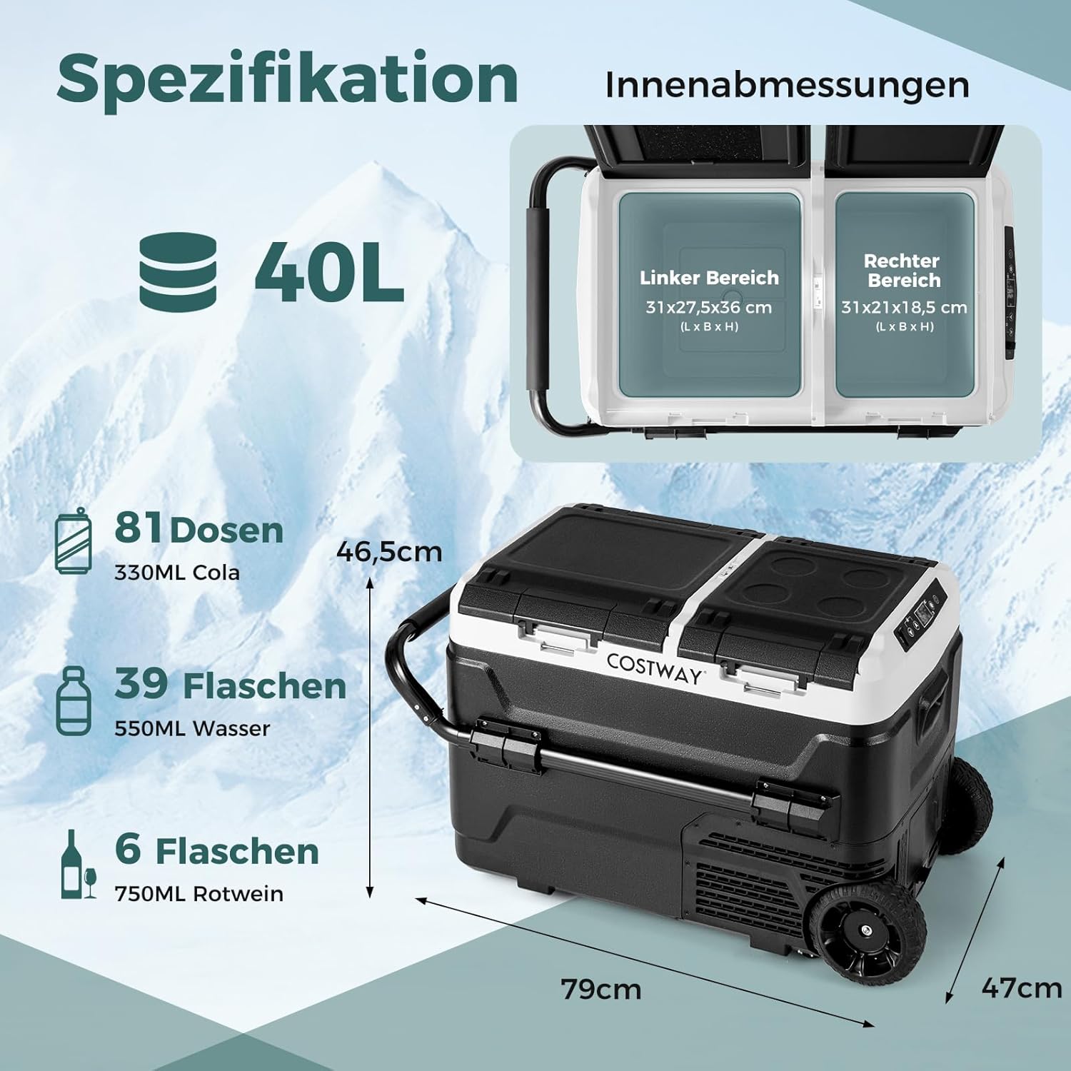 COSTWAY Kompressor Kühlbox 40L, elektrische Kühlbox mit 2 Kühlzonen, -20℃~20℃, USB Ladenanschluss, LED Anzeige, Mini Kühlschrank AC/DC für Autos, Büros Camping und Wohnheim, 45dB