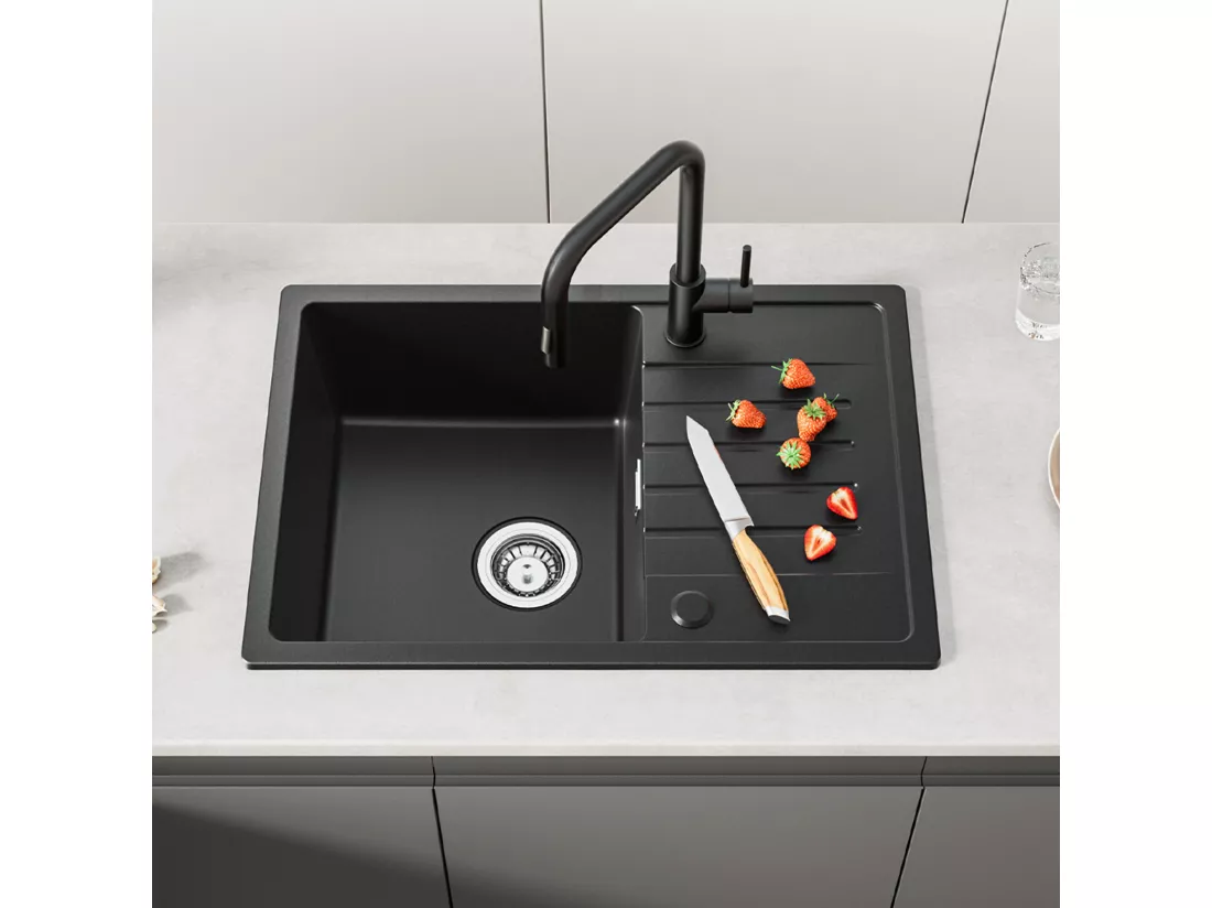 Cecipa max Evier 1 Bac avec Egouttoir Evier à encastrer Quartz et résine Noir 65x45cm + Mitigeur avec Douchette Extractible Rotatif à 360 ° Noir