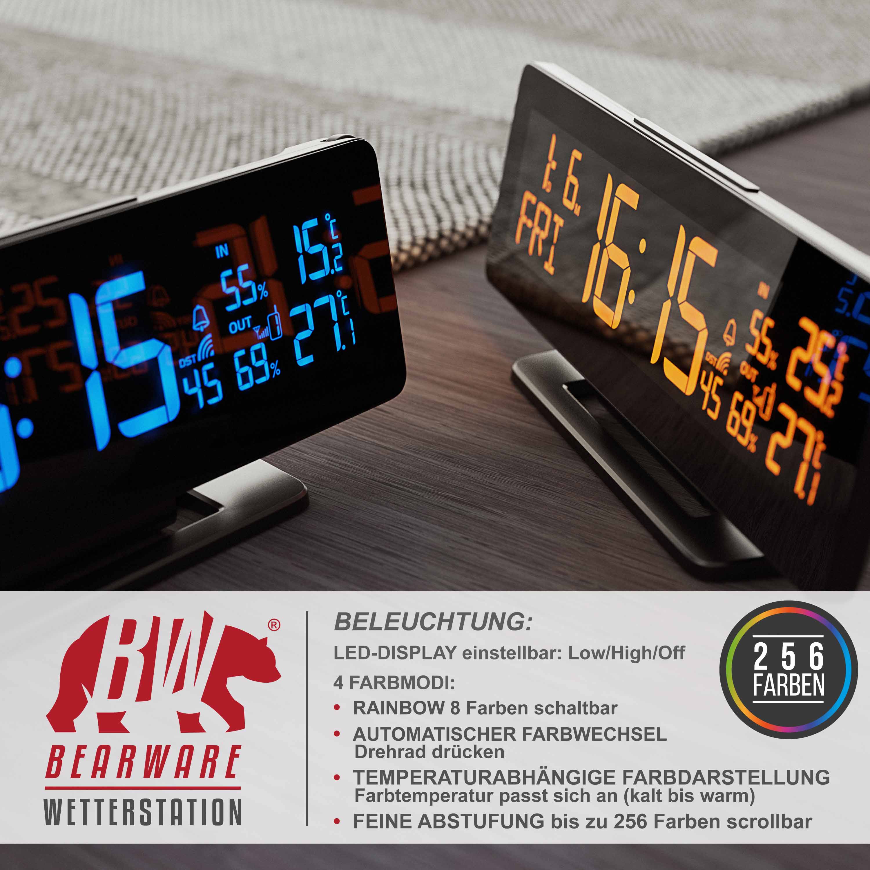BEARWARE Funkwetterstation Temperaturgesteuertes Farbdisplay