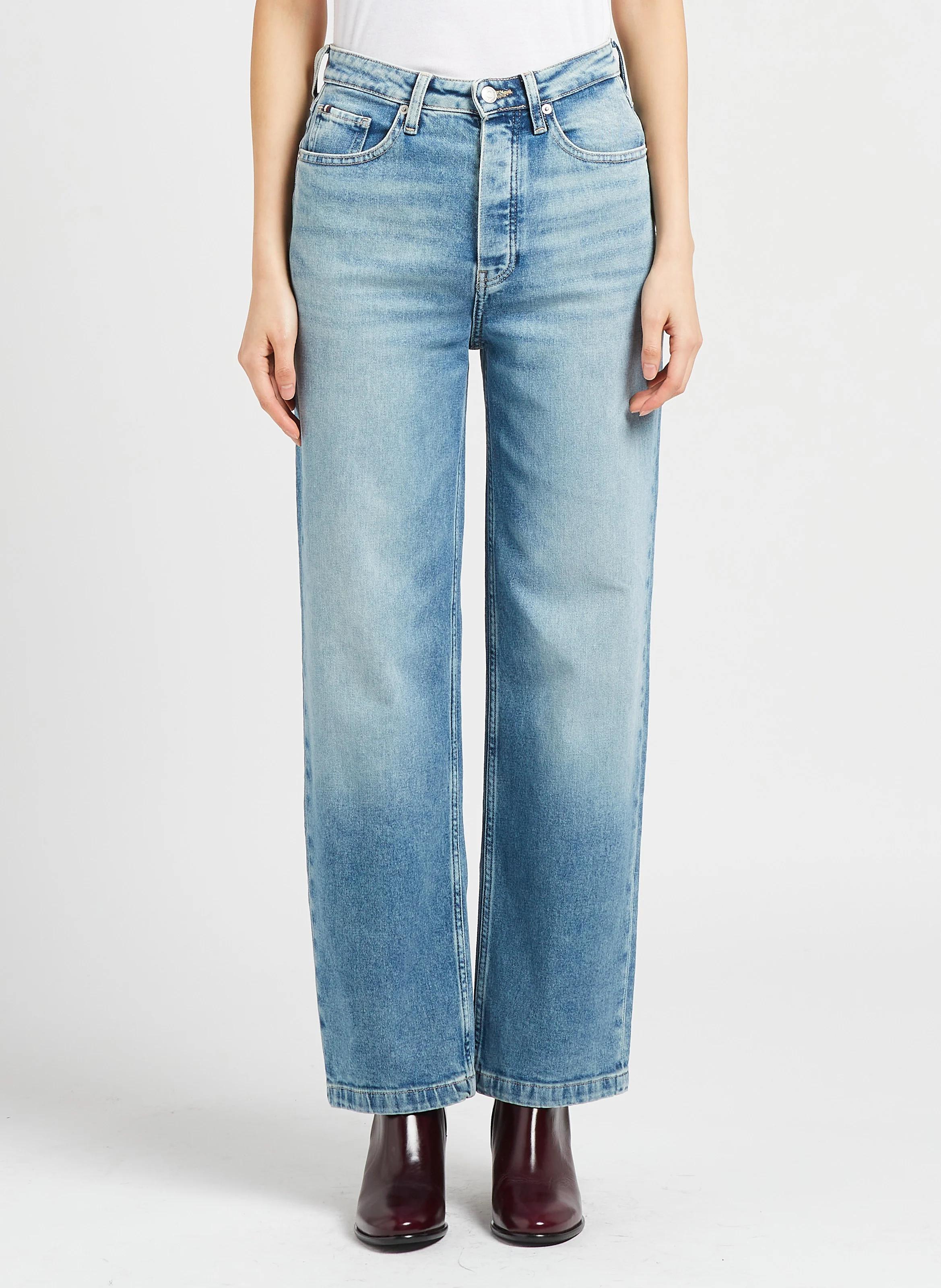 Jean droit taille haute en coton mélangé | Bleu