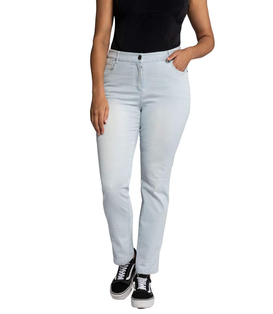 ULLA POPKEN Pantalon Sammy rayures aspect jeans forme étroite 5 poches bleu clair délicat