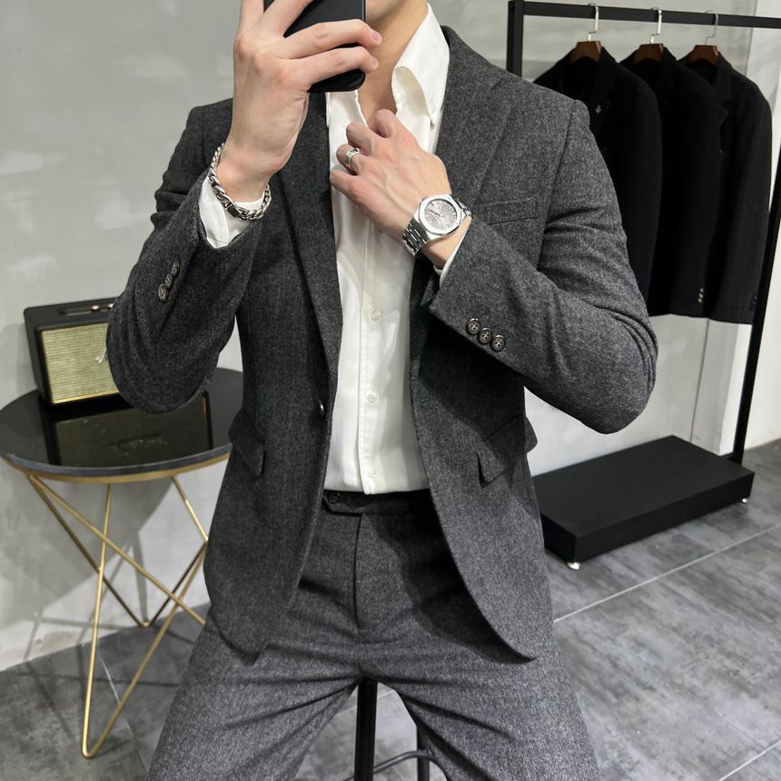 Deepwood - Set: Effen wollen blazer met één knoop + taps toelopende pantalon