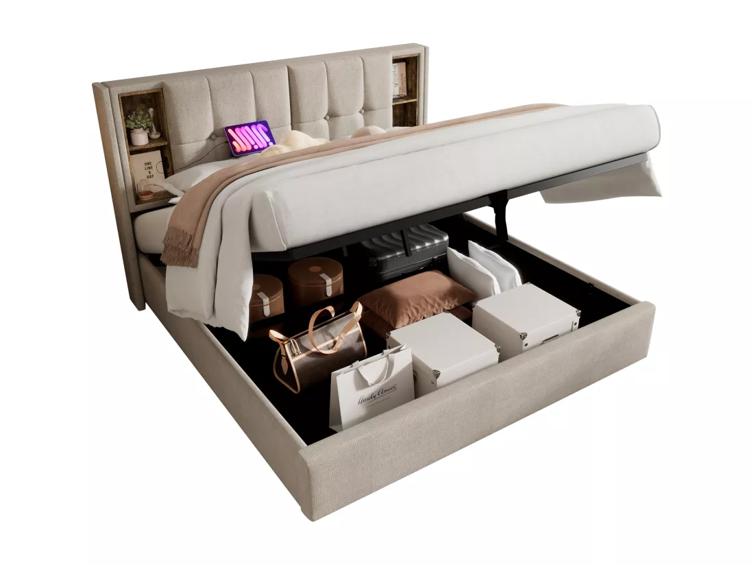 Lit adulte, cadre de lit double rembourré 180x200 cm, avec espace de rangement et recharge sans fil USB C, cadre de lit en bois et lin naturel