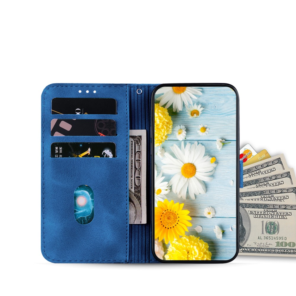 Samsung Galaxy S24 Leder Tasche Wallet - Blumen Imprint - Dunkelblau