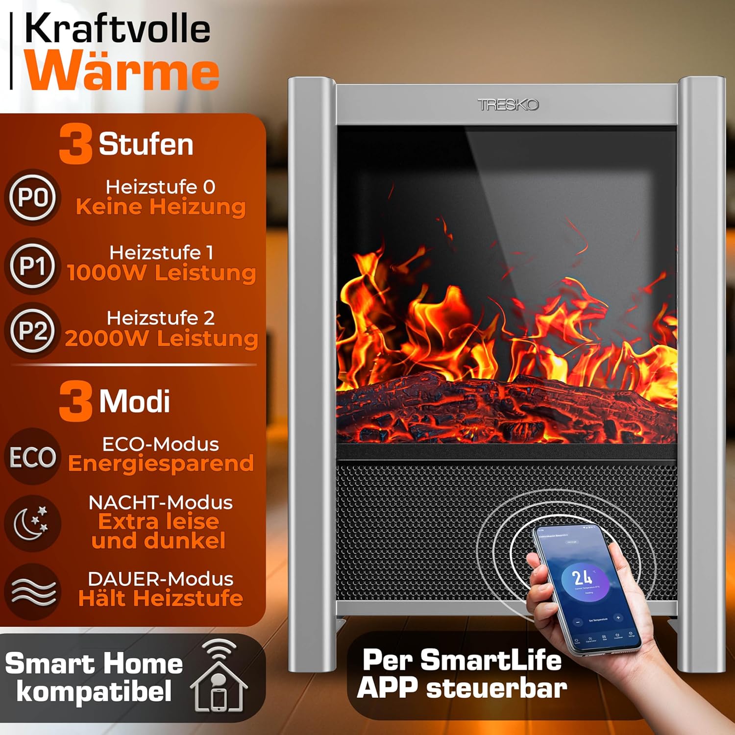 TRESKO® Elektrokamin mit Heizung & Fernbedienung 2000W, WiFi App | Kamin elektrisch LED-Flammeneffekt & LCD-Display | Kaminfeuer mit Thermostat, Timer | Elektro Kaminofen Standkamin Heizlüfter