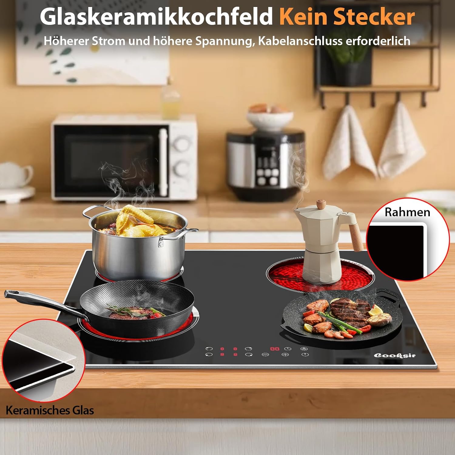 Glaskeramikkochfeld 4 Platten mit Rahmen, 60cm Einbau Herdplatte 4 Kochfelder, Kochfeld Autark, 6000Watt, 9 Leistungsstufen, Rahmen aus Edelstahl, Sicherheitsschloss, 220v, Kein Stecker