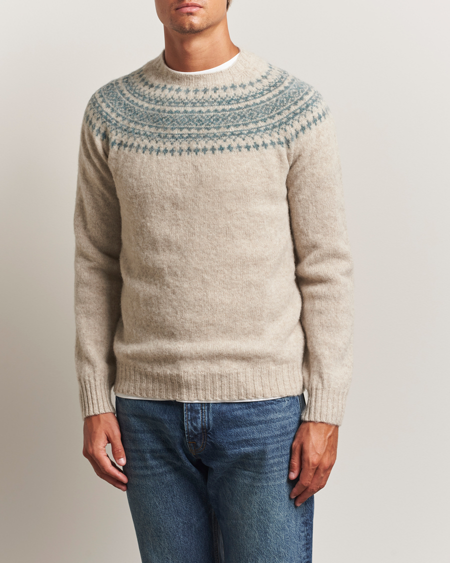 Harley Of Scotland Brushed Supersoft Lambswool Yolk Fairisle Beige