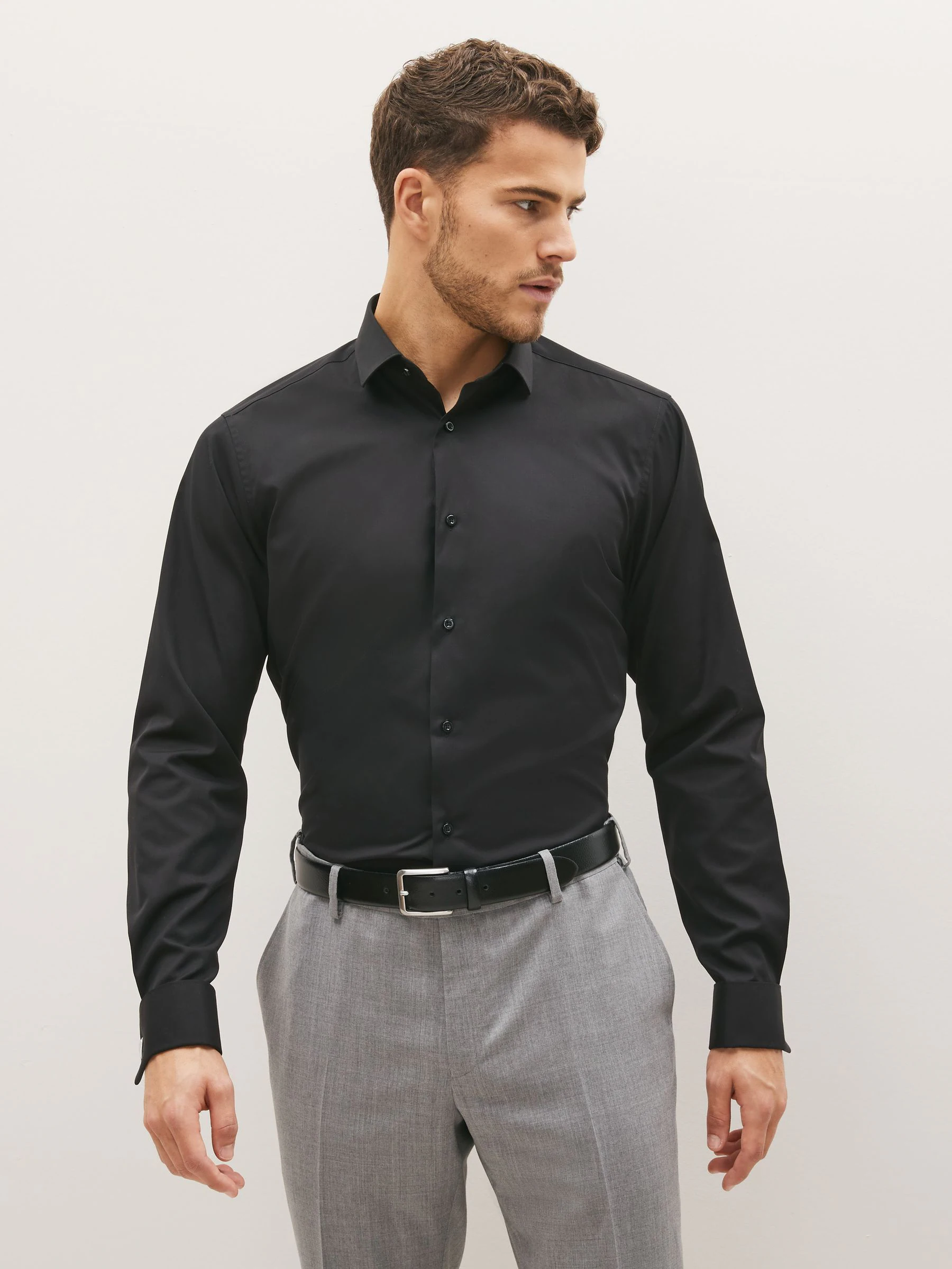Zwart - Slim Fit - Strijkvrij net overhemd met dubbele manchet