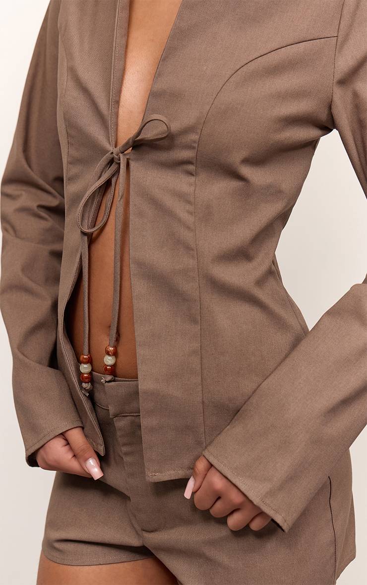 Deep Taupe Chemise Aspect Lin Détail Perles Avec Lien À Nouer