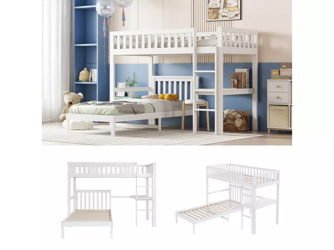 Lits superposés 2 x 90 x 200 cm avec bureau et échelle - bois massif + MDF - blanc (sans matelas)