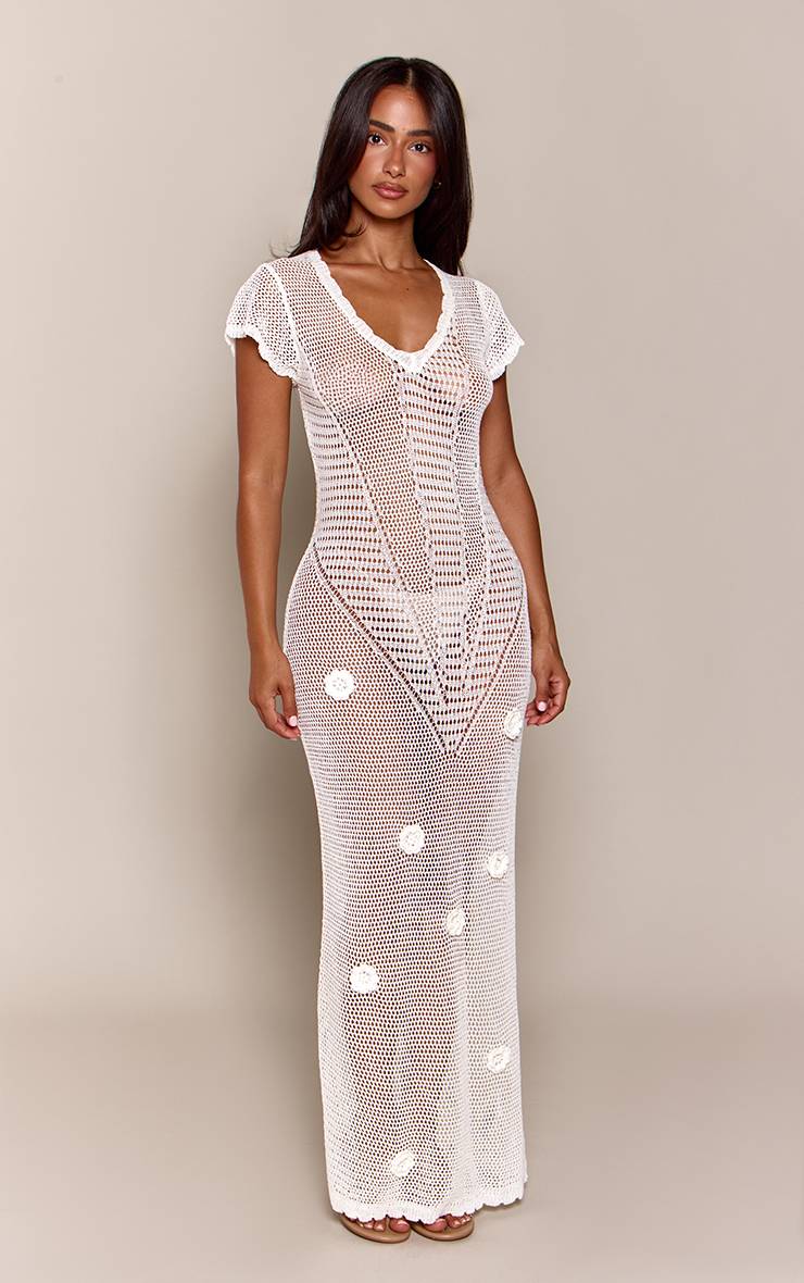 Crème Robe Longue Moulante En Maille À Encolure En V Et Appliqués Floraux Petite