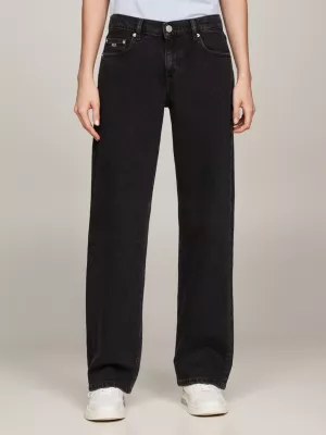 Calça jeans Sophie de cintura baixa, reta e preta desbotada.