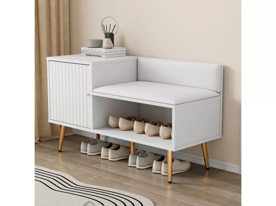Armoire Banc à chaussures avec trois portes de rangement Avec poignées métalliques asymétriques Blanc