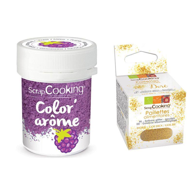 Colorant alimentaire violet arôme mûre + paillettes dorées Scrapcookin