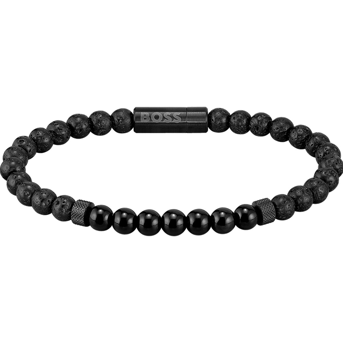 Bracelet homme Boss pierres de lave noires 19 cm