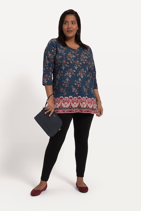 Longshirt, A-Line, Blüten Print, Bordüre, V-Ausschnitt, 3/4-Arm
