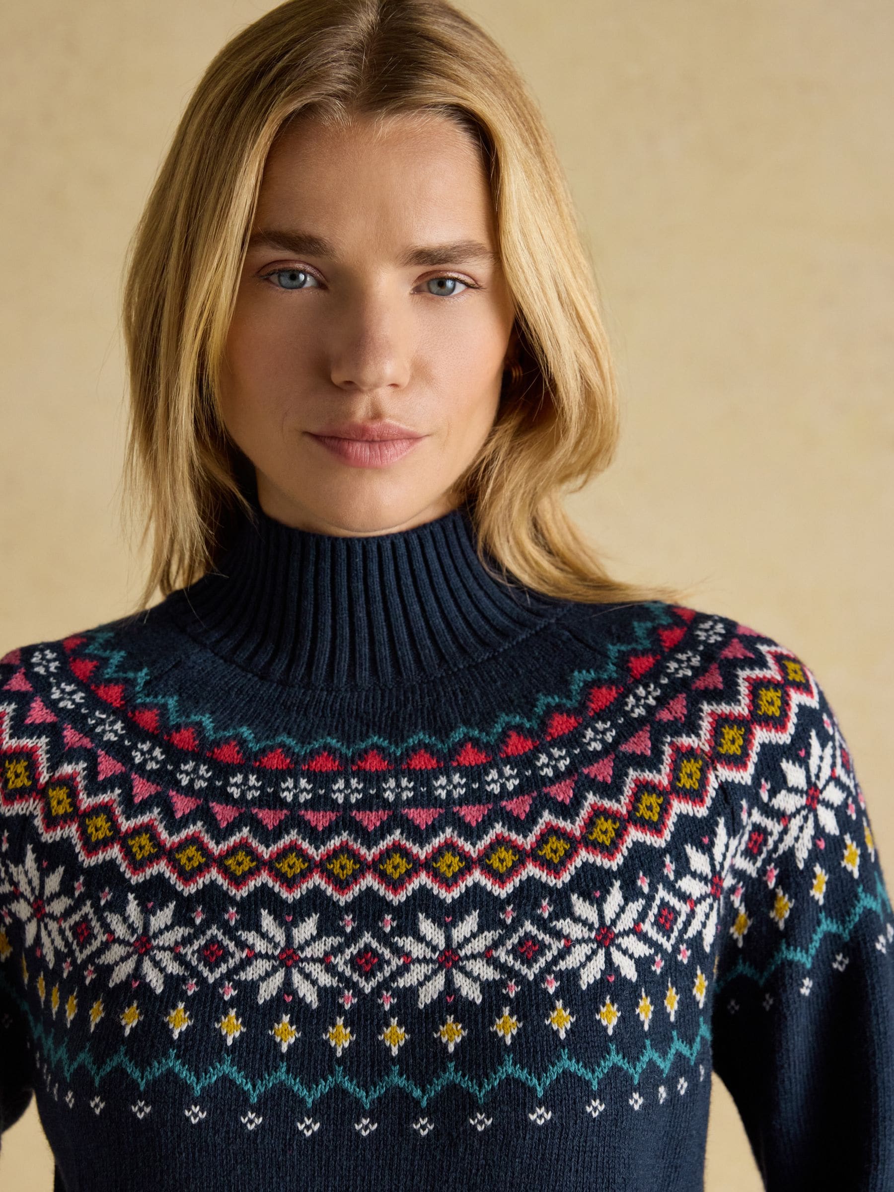 Marineblauw - Joules Alba Fair Isle High Neck Cotton-Blend Jumper