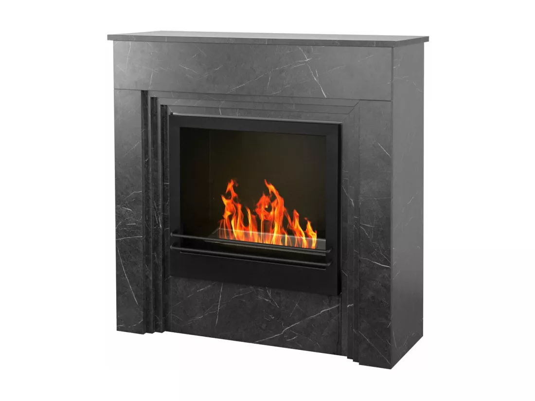 Cheminée à Bioéthanol au Sol en Bois Effet Marbre Noir L96 x P35 x H96