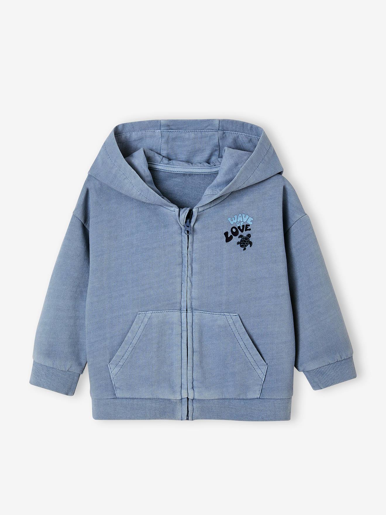 Moletom com capuz e zíper, azul claro, para bebês, em fleece leve.