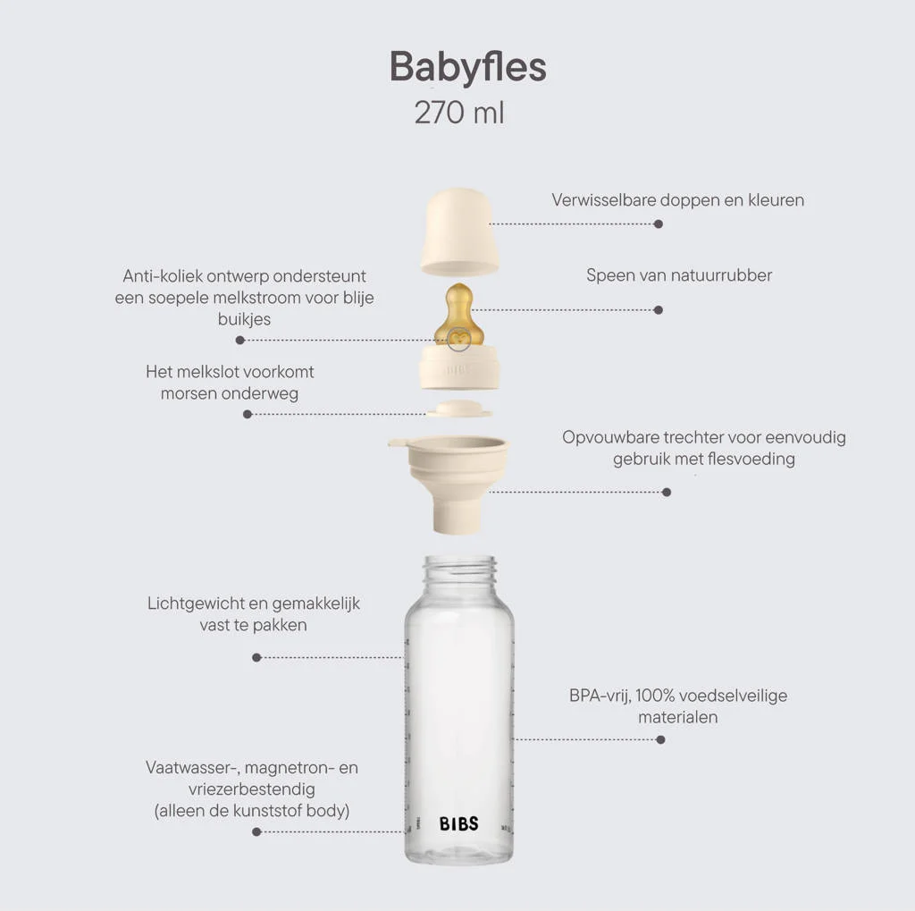 BIBS Babyfles 270 ml - Ivory - met latex speen en opvouwbare trechtertje