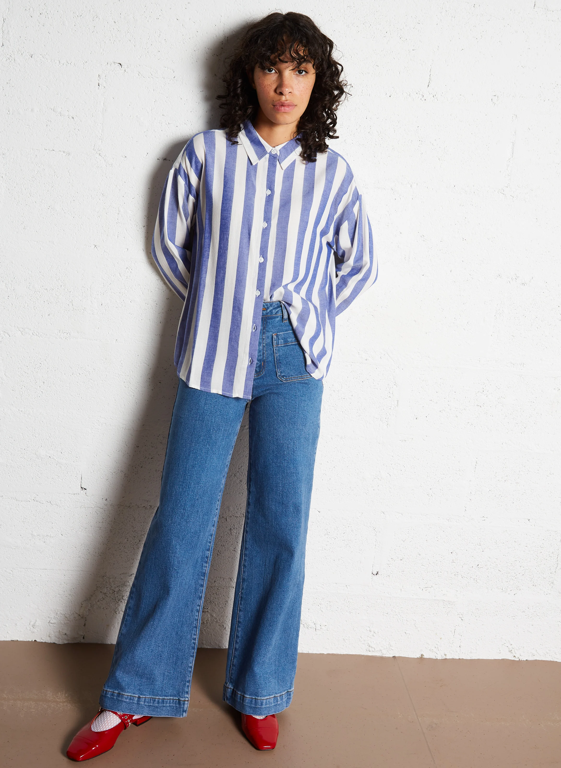 CLARA - Chemise col classique droite rayée | Bleu