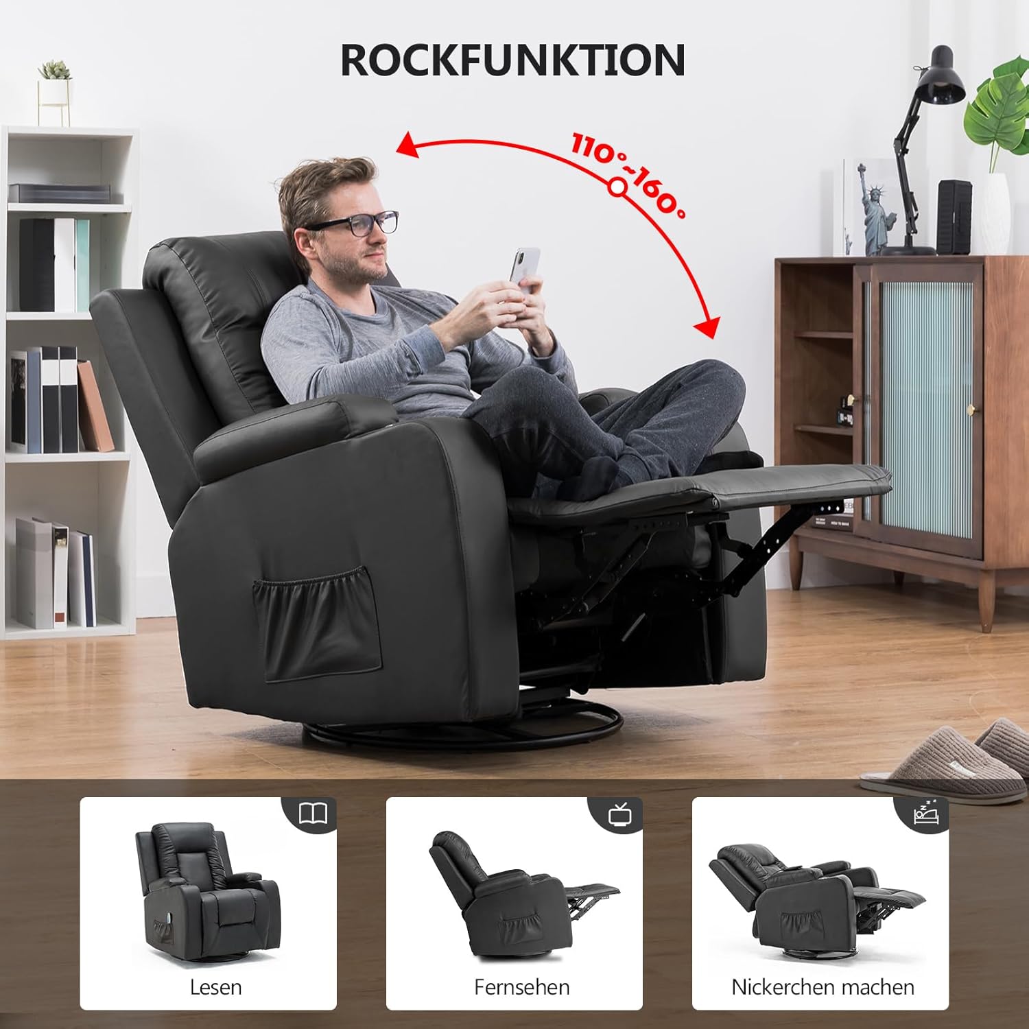 COMHOMA Relaxsessel Fernsehsessel mit verstellbarer Rückenlehne und Fußstütze,360°drehbarer Loungesessel aus PU-Leder mit Getränkehaltern und Seitentaschen,ergonomische Ganzkörperunterstützung,Schwarz