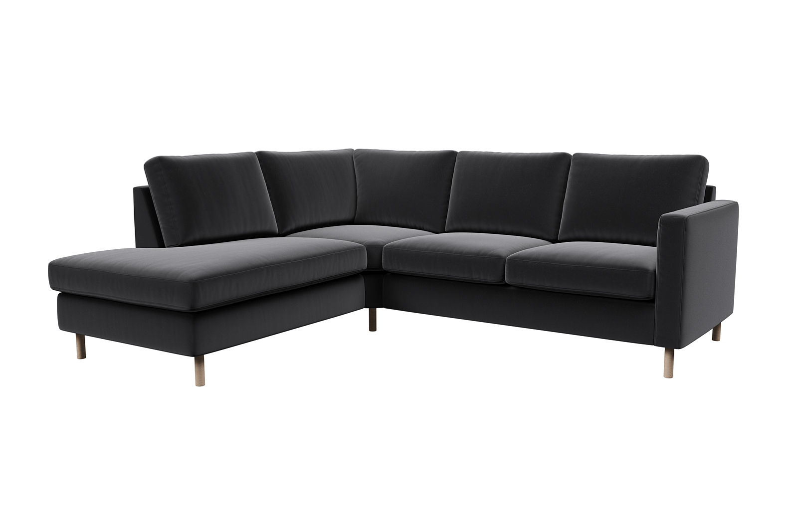 Viken hjørnesofa 2-seter med åpen ende venstre i tekstil Matt Velvet 99 Black med hvitoljet eikeben. Arm B og skum komfort.