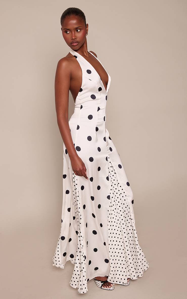 Blanc Robe Longue À Col Licou Et Pois Contrastés