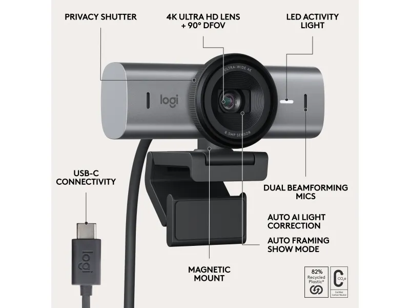 Logitech MX Brio 705 for Business - Webcam - farve - 8,5 MP - 4096 x 2160 - audio - USB-C