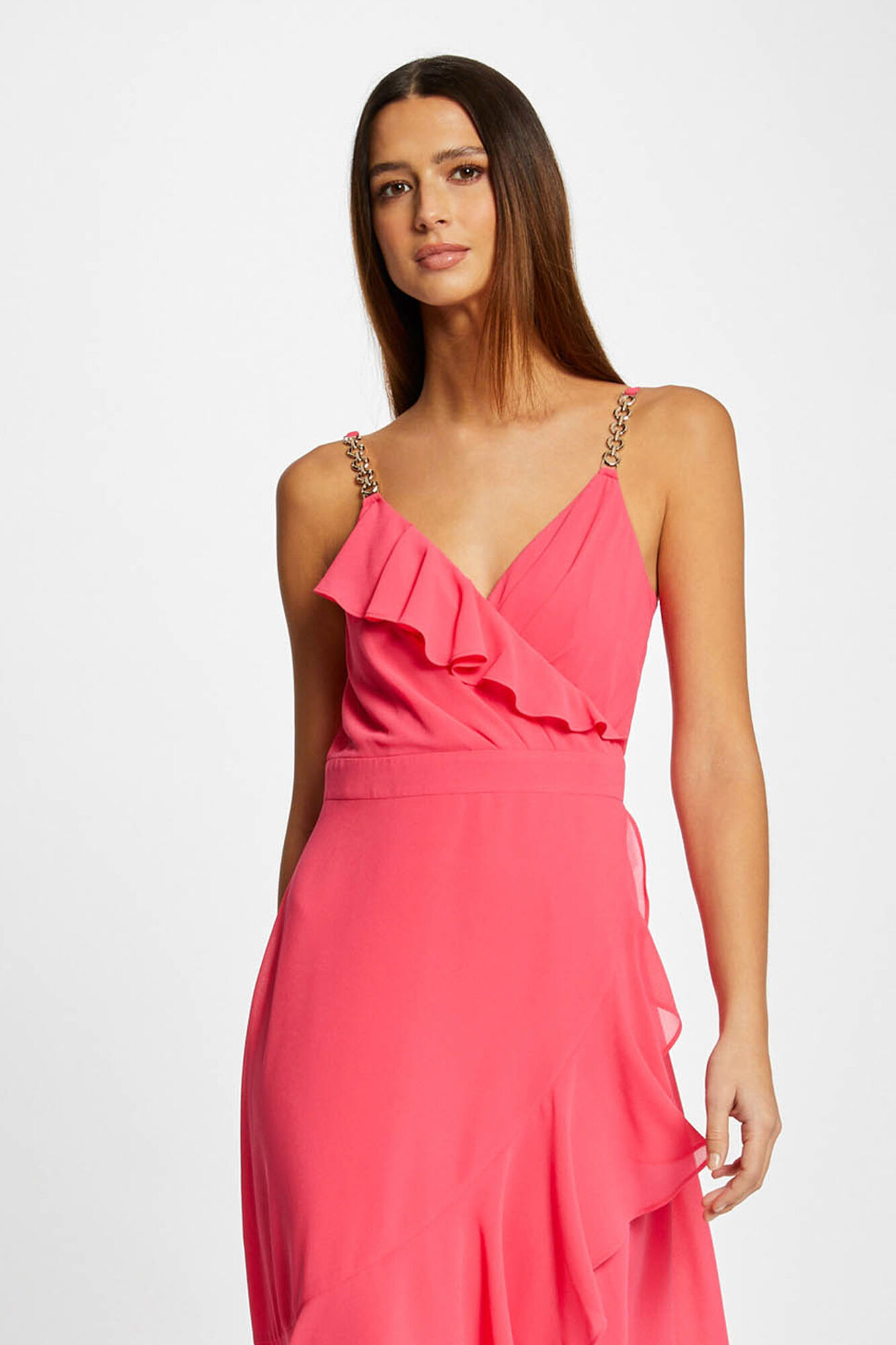 Vestido longo evasê com babados - Fúcsia