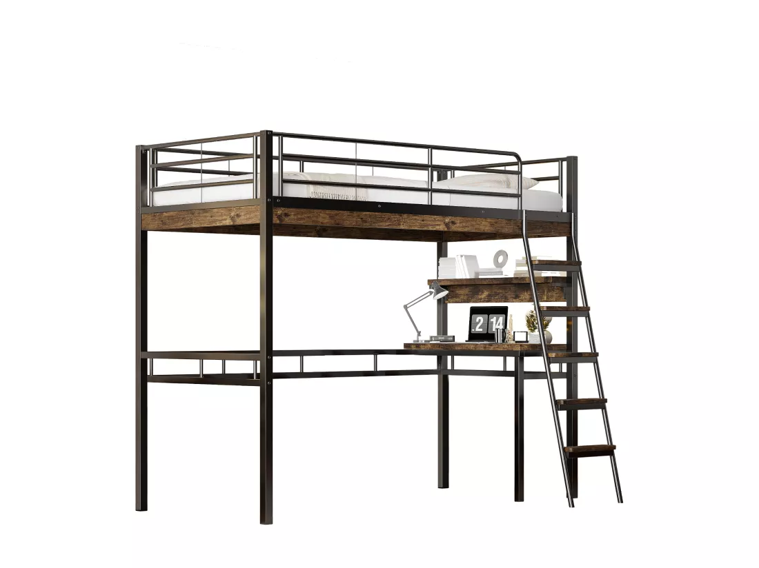 Lit mezzanine 90 x 200 cm avec bureau et étagères - Métal + MDF - Noir (sans matelas)
