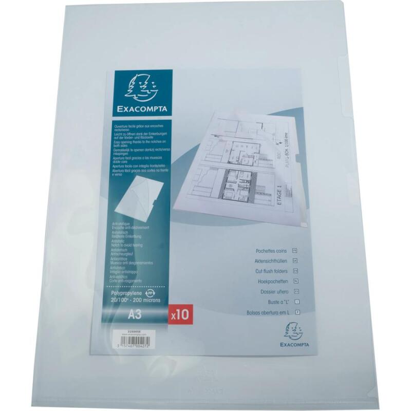 Sachet de 10 pochettes coin polypropylène rigide haute résistance 20/100e - A3 vertical - Cristal