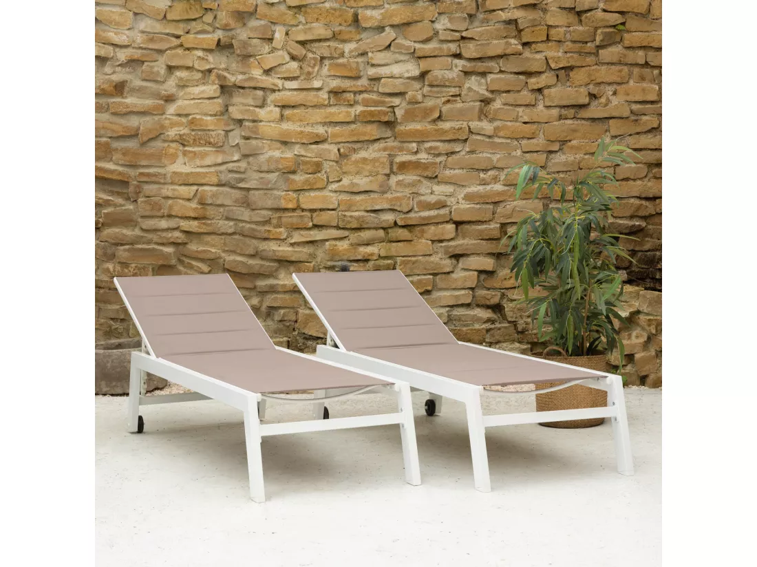 Lot de 2 bains de soleil BARBADOS en textilène taupe - aluminium blanc - HAPPY GARDEN