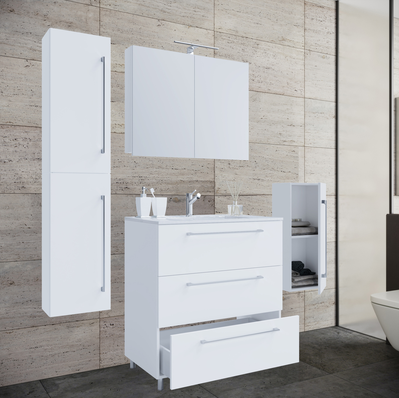 5-tlg. Badmöbel-Set BADINOS - weiß - mit Spiegelschrank - 80 cm