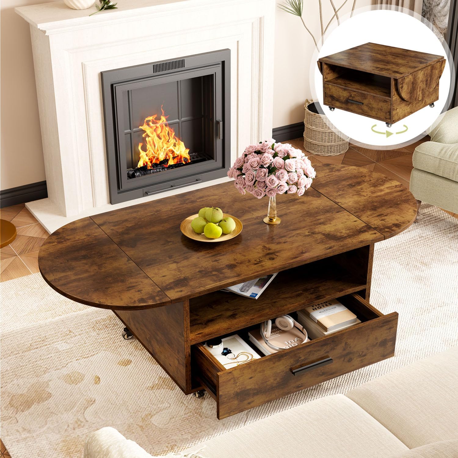 IBF Couchtisch Mit Schublade Stauraum Holz Oval Couchtisch Wohnzimmer Tisch Modern Ausziehbarer Mitteltisch Für Schlafzimmer Multifunktional Rollbarer Teetisch Beistelltische Rustikal Braun 120 cm