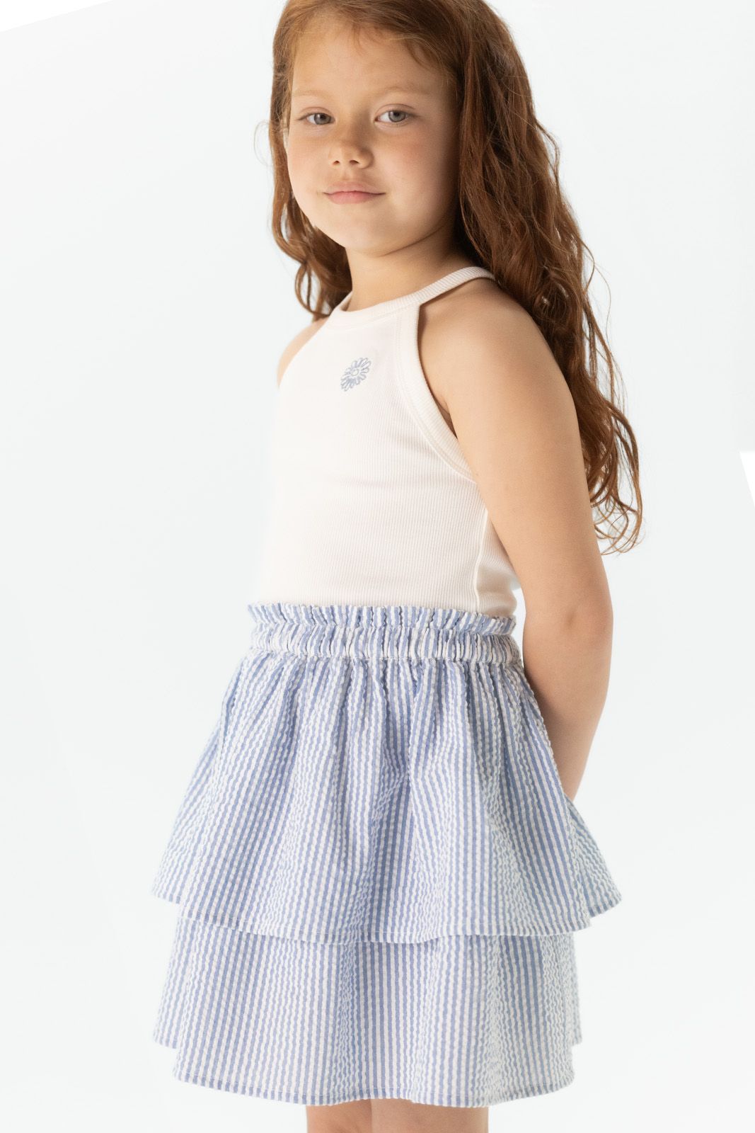 Blauwe ruffle rok met strepen