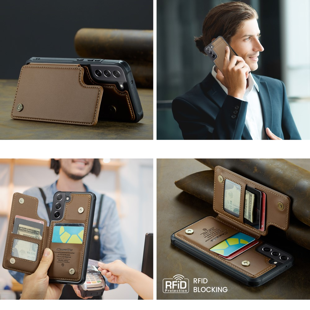 Samsung Galaxy S21 FE 5G Leder Hülle mit Kartenfächern im Litchi Look   Kickstand (RFID Schutz) - Braun
