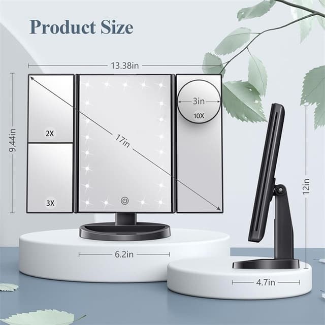 3-sidet sammenfoldelig makeup spejl, der kan dæmpes lys 22LED bordspejl