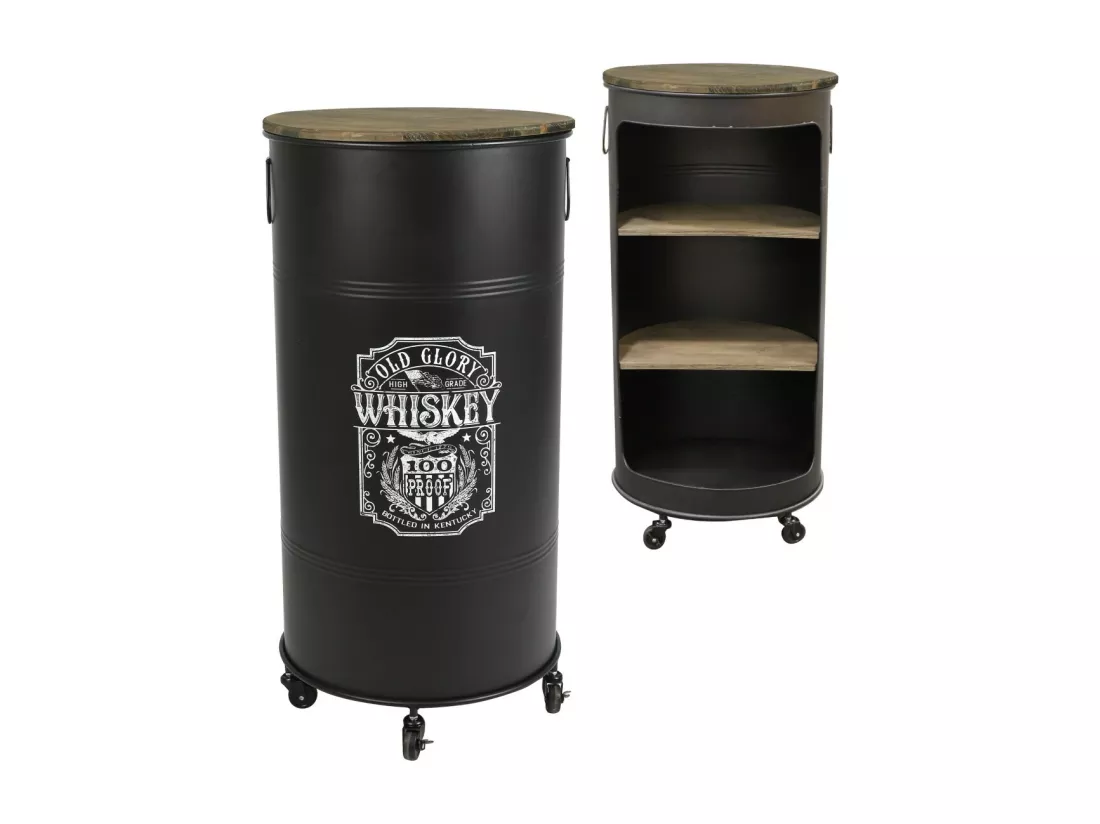 Bar bidon ouvert avec roulettes style industriel collection OLD GLORY. Diamètre 50cm, hauteur 100cmcm